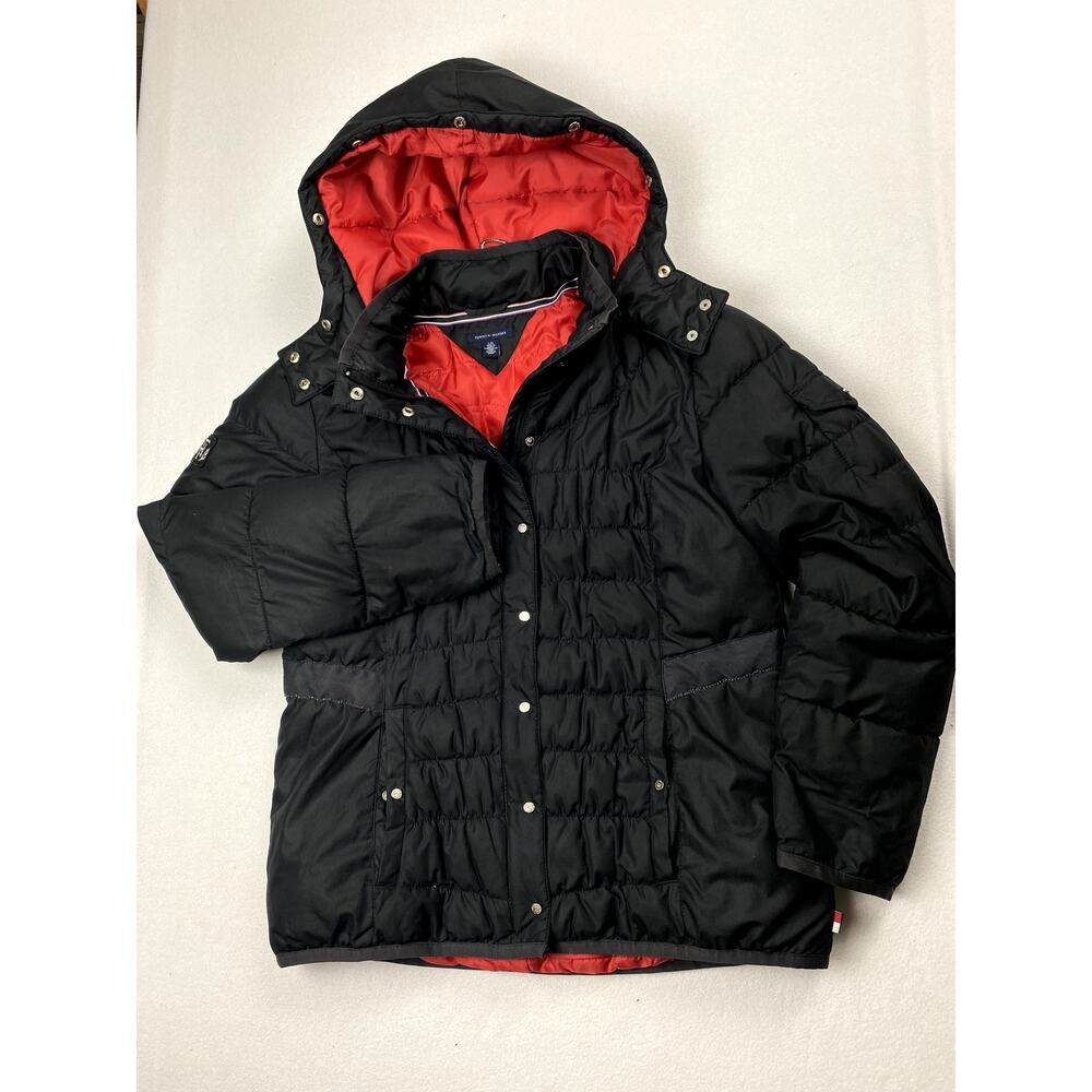 Tommy Hilfiger Women L Black Hooded Puffer Coat Jacket Red Lining As Is Flaws